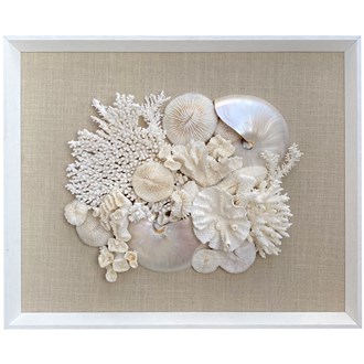 Frame white - no mat, uncovered - coral white, pearl and nautilus on linen fabric