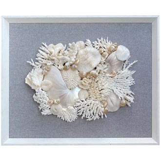 Frame white - no mat, uncovered - coral white, pearl and nautilus on grey fabric